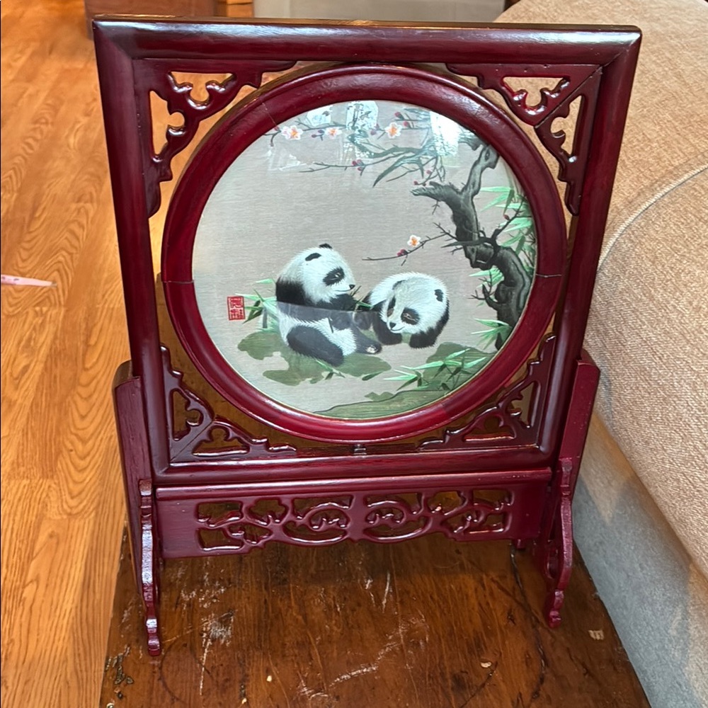 Vintage Table Screen with Silk Panda Embroidery - Burgundy Frame